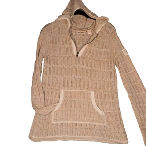 DKNY Hoodie Sweater Womens M Heathered Beige Hooded Pocket Beachy Open Knit - Picture 1 of 12