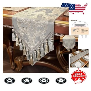 Luxury 108" Jacquard Table Runner with Handmade Tassels - Gray Floral Design - Picture 1 of 9