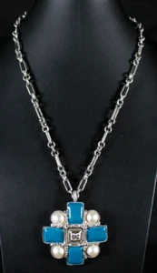 CHANEL 13S Silver Metal Pearls & Blue MALTESE CROSS Pendant Chain Necklace 24" - Picture 1 of 15