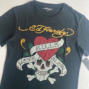 Ed Hardy Rhinestone LKS T-Shirt Mens Medium Black “Love Kills Slowly” Tee Y2K