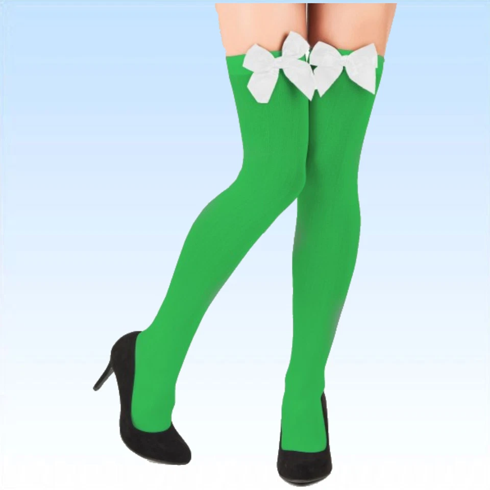 Kniestrümpfe mit Schleife grün / weiß Überknie Overknee Strümpfe Feinstrümpfe - Bild 1 von 1
