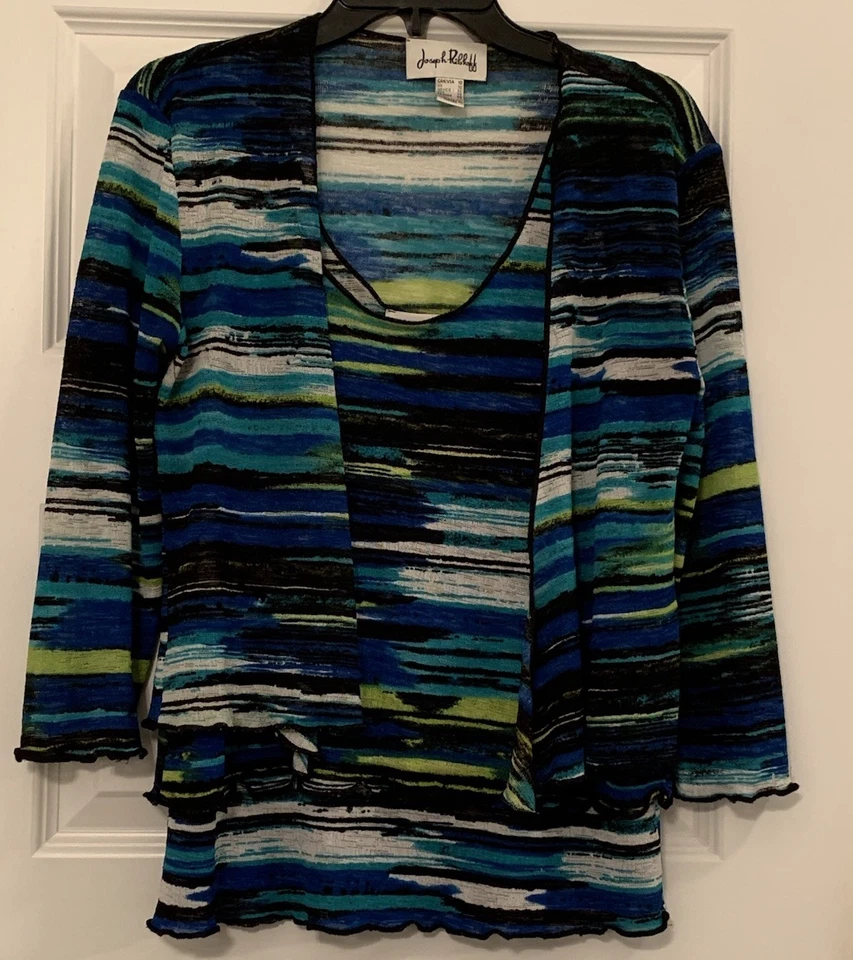 Joseph Ribkoff Tank & Cardigan Chiffon Set Women’s Size 10 Striped VTG Y2K - Image 1 of 4