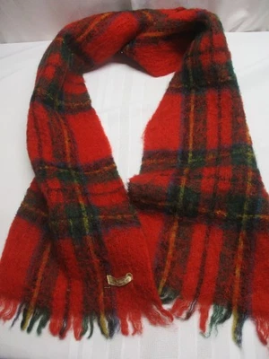 VINTAGE RED PLAID MOHAIR SCARF ~ 12" X 66" ~ MADE IN ITALY - Image 1 of 3
