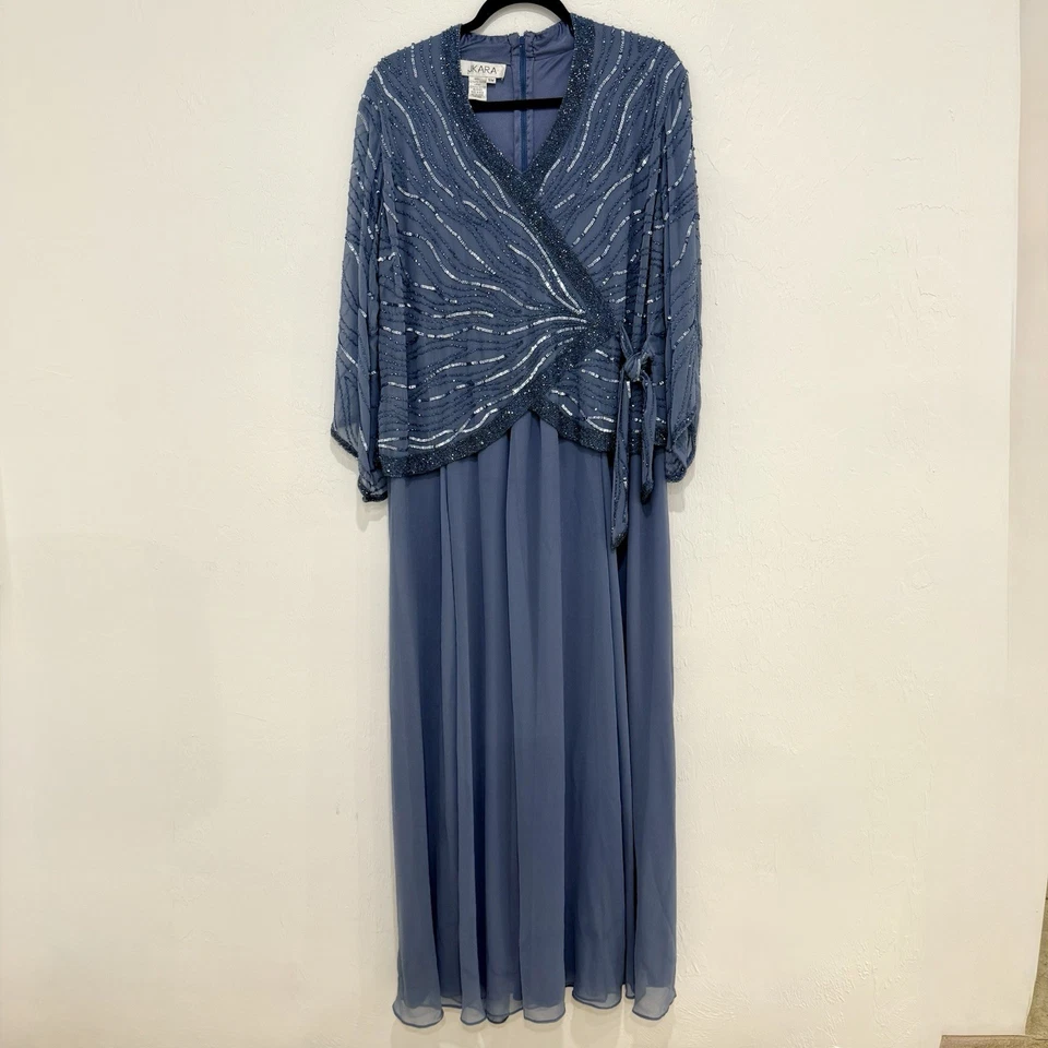 jkara blue sequin formal dress 3/4 sleeve size 16w elegant gown - Image 1 of 4