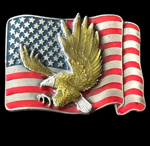 Vtg American  Bald Eagle USA Flag Western Cowboy Patriotic Belt Buckle Pewter - Picture 1 of 11