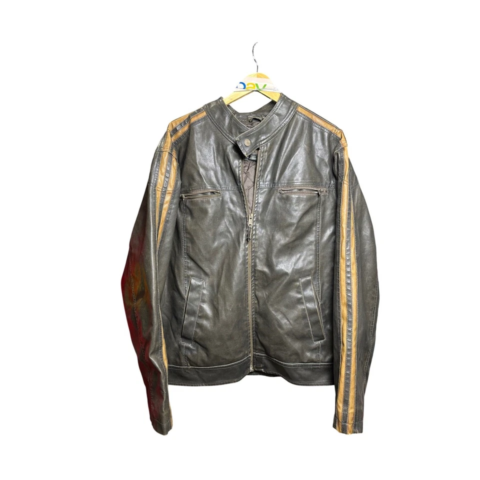 Arizona Jean Company 男式皮革夹克棕色全拉链赛车条纹 XXL G — 第 1/4 张图片