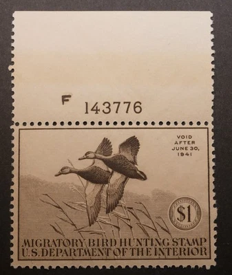 RW7 Federal Duck Stamp MNH, OG w/Plate # Migratory Bird Hunting Stamp 1940 - Image 1 of 2