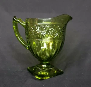 Vintage Green Pressed Glass Small Creamer / Pitcher - Square Base - Floral - Picture 1 of 7