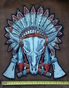 LARGE Native American Biker Steer Skull Headdress Iron On Vest Jacket Back Patch - Picture 1 of 8