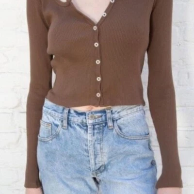 Brandy Melville Women's Brown Cotton Ribbed Long Sleeve Top One Size - Image 1 of 4