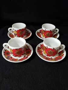 Vintage Hand Made Red Flower Porcelain Tea Cups And Saucers Set Made In Brazil - Picture 1 of 13