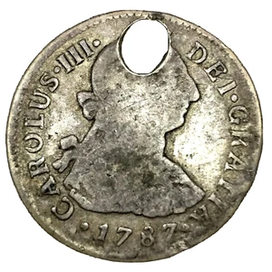 1787 IJ 2 Reales Silver Carolus III Bolivia Rare Coin (Holed) - Picture 1 of 2