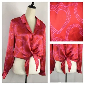 BAILEY 44 Anthropologie sz Large/Medium Red Pink Heart Tie Hem Button Shirt - Picture 1 of 10