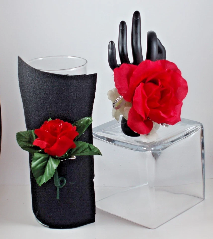 Ramillete de muñeca de graduación y boutonniere artificial rojo y blanco flor diamante Foto 1 de 4