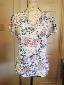 daniel rainn Top Small White Multi Floral Vneck Cap Ruffle Slv HiLo Hem Read - Picture 1 of 12