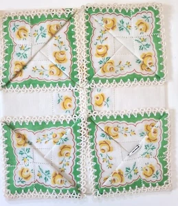 Vtg Handkerchief Hanky Herrmann Green Yellow flowers Cotton crochet 12"x11.5 NWT - Picture 1 of 5