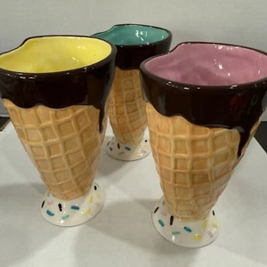 Pier 1 Ceramic Ice Cream Cone Sprinkles Dessert Cups Set of Three (3) 6.5" x3.5” - Picture 1 of 6