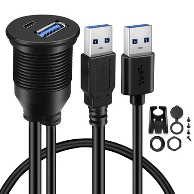 USB 3.0 to Type C 3.0 Car Mount Flush Cable Dual Port Male to Female Extension W - Image 1 of 4