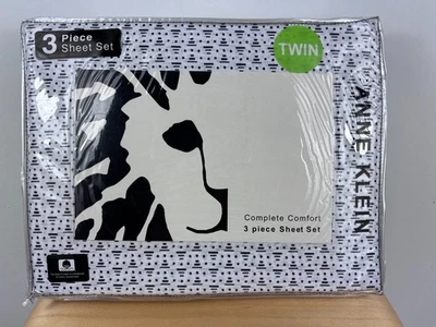 NEW Anne Klein Twin 3 Piece Sheet Set Modern Abstract Print White & Black Cotton - Image 1 of 4