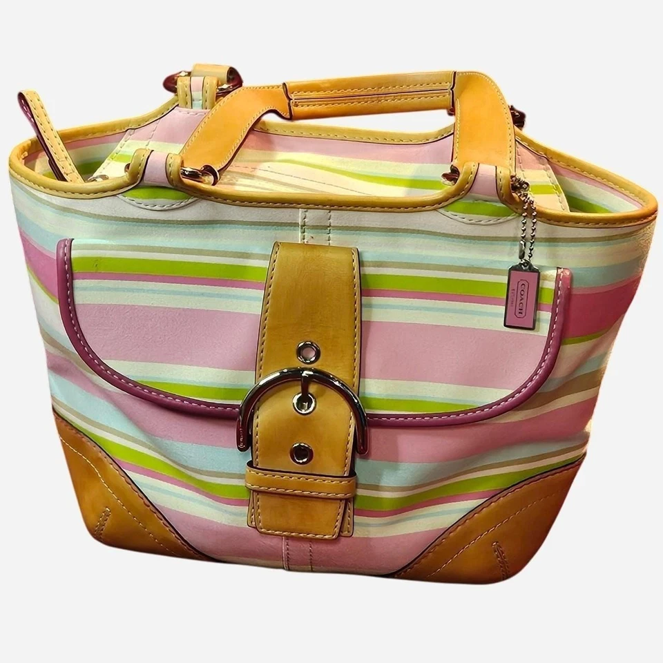 BOLSO DE MANO PEQUEÑO COACH HAMPTON MULTICOLOR A RAYAS CUERO VACHETTA #1888 GUC Foto 1 de 4