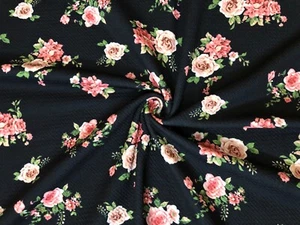 Bullet Knit Printed Fabric-Black Vanilla Roses-BPR276-Sold by the Yard - Picture 1 of 4