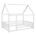 Full Size House Floor Bed With Roof Fence Guardrail Playhouse Bed For Kids Teens