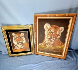 2 Vintage oil painting Tiger By Rex 16x12 10x8 Stretched Canvas Cub Bamboo Frame - Picture 1 of 10