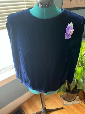 Top Pullover L/S Terciopelo Azul Años 80 con Ramillete Flor Seda Cosido Grande Foto 1 de 4