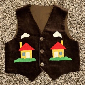 Handmade Kids Boys Vest Brown Velvet Felt Houses Kitschy - Picture 1 of 12