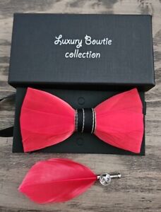 Luxury Bow Tie Collection Feather Bow Tie w/ Feather Lapel Pin Set New in Box!