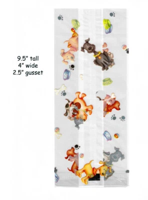 25 Dog Days Cello Treat Bags w/Silver Twist Ties --- 4" x 9.5" x 2.5" gusset Foto 1 de 3