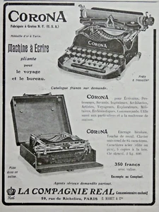 PUBLICITÉ PRESSE 1913 LA COMPAGNIE REAL CORONA MACHINES A ÉCRIRE PLIANTE CORONA - Imagen 1 de 1