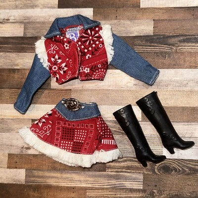 Ropa Barbie: Western Fun Fashions Rojo y Denim Vaquera Conjunto con Botas Mattel Foto 1 de 4