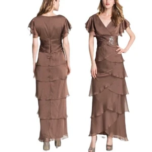 Adrianna Papell Occasions Flutter Sleeve Tiered Chiffon Gown Brown 10 - Picture 1 of 12