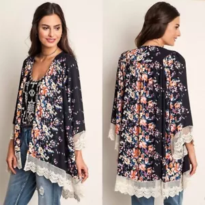 Umgee Black All Over Print Floral 3/4 Sleeve Kimono Women's S/M Oversized NEW - Picture 1 of 11