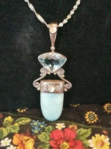 Sterling Silver Ornate Light Blue Larimar Pendant Signed, On 20" Sterling Chain - Picture 1 of 9