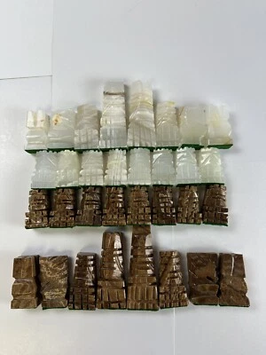 Vintage 32 Piece Aztec Chess Set Carved Stone Onyx Quartz White & Tan/Brown - Image 1 of 4