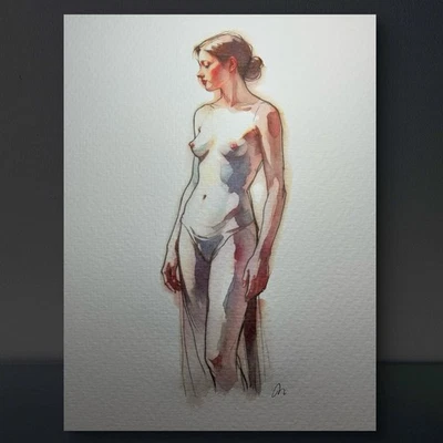 Figura Mujer Desnuda Pintura Acuarela Clásica Original 8x10 Foto 1 de 3