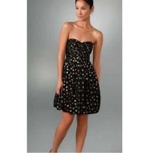 Shoshanna Silk Black Gold Metallic Star Print Bubble Strapless Dress Sz 0 Formal - Picture 1 of 13