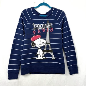 Peanuts Sweatshirt Damen Größe L blau gestreift Snoopy In Paris Rundhals Pullover - Bild 1 von 8