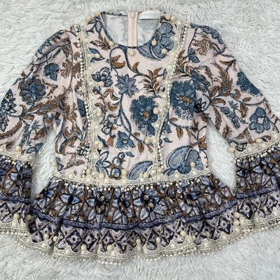 Zimmerman Shirt Womens 1 Pink Vitali Ruffle-cuff Bodice Blouse Floral Lace Linen - Image 1 of 4