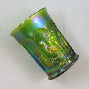 NORTHWOOD SINGING BIRDS GREEN CARNIVAL GLASS TUMBLER SOME BLUE ON THE GREEN - Picture 1 of 6