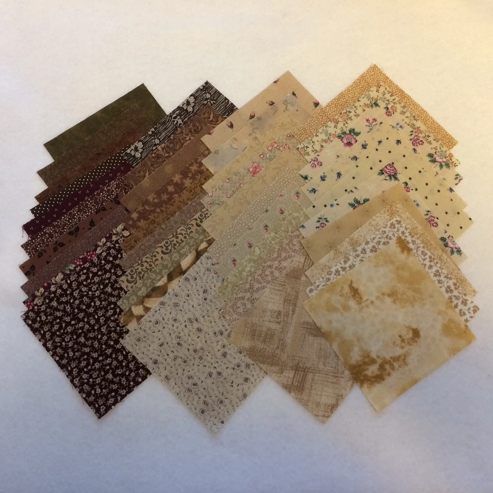 40 DIFFERENT 4-INCH CALICO FABRIC QUILT SQUARES - BROWN - MANY VINTAGE - Image 1 of 1