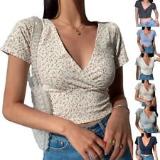 Lace Active Casual Flowers Short Sleeve Polyester Summer V Neck T-Shirt Y2k