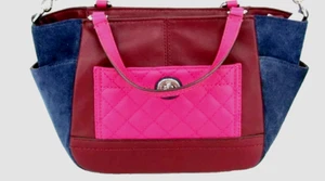 Coach Park Leather /Suede Mini Tote Satchel Color Block Quilted Blue Wine F49865 - Picture 1 of 13
