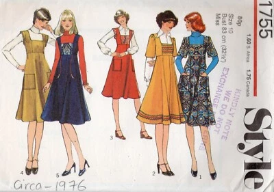 1976 Vintage Sewing Pattern Bust 32 1/2in Pinafore Dress & Dress (2054) - Image 1 of 3