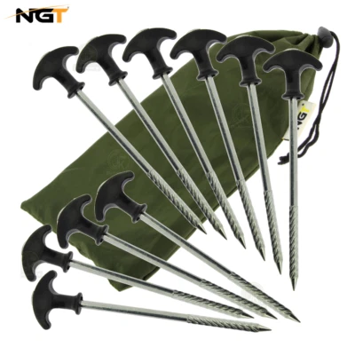 10 x NGT Bivvy Pegs Heavy Duty Carp Fishing Camping Tent Pegs 8"/20cm With Case - Image 1 of 4