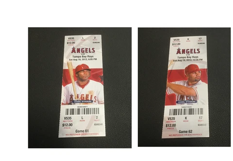 ANGELS 2012 TICKET STUB 8/18/12-8/19/12 VS RAYS Mike Trout HR # 28 & # 29~SGA Cover
