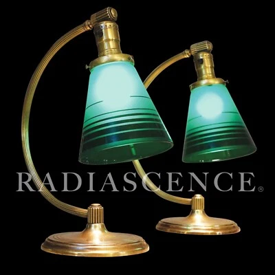 PAIR ART DECO STREAMLINE CHASE BRASS VIANNE GREEN GLASS TABLE LAMPS 1930s MARKEL - Image 1 of 4