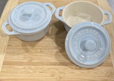 2 STAUB Mini La Cocotte SKY BLUE Ceramic Casserole Dish w/Lid 8 oz - NEW